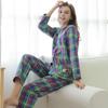 Cotton and Linen Plaid Pajamas Women's Round Neck Loose Casual Home Wear Long-sleeved Trousers Pajamas Two-piece Set