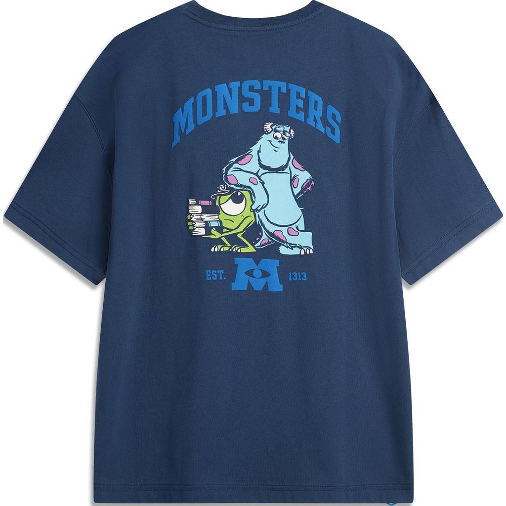 Li Ning X Disney Collaboration Monsters University Series Printed Letter Round Neck Comfortable Breathable Loose Short Sleeve T-Shirt AHSU486-4