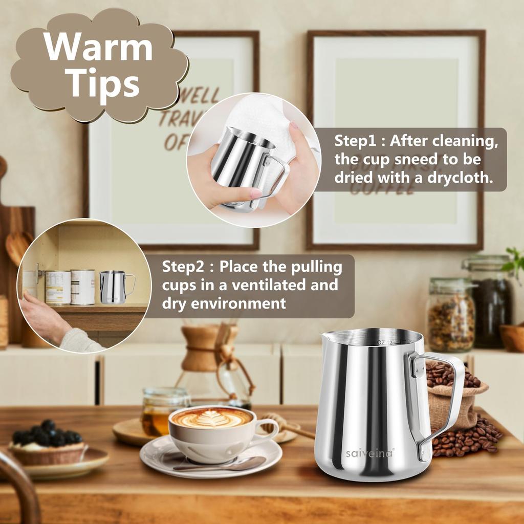 Saiveina Молочник Молочник из нержавеющей стали Молочник для вспенивания молока Питчер для кофе Латте-арт Молочник Питчер для напитков Нержавеющая сталь Градуированный 350 мл 12 унций