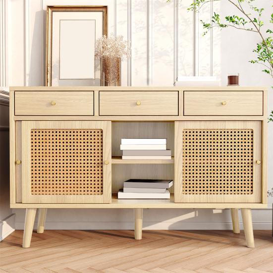 Wide Storage Organizer Cabinet Sideboard, Chest of Drawers with 3 And Sliding Doors, Rattan Wickerwork on The Door Fronts, Solid Wood Legs,