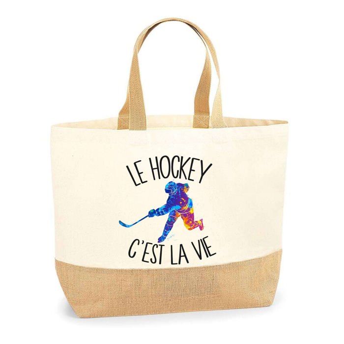 Tote bag - PLANETEE - hockey c'est la vie - Jute naturel - Multicolore - Fabriqué en France