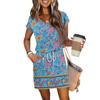 Women's Summer V-Neck Casual Short Sleeve Drawstring With Pocket Vintage Floral Dresses