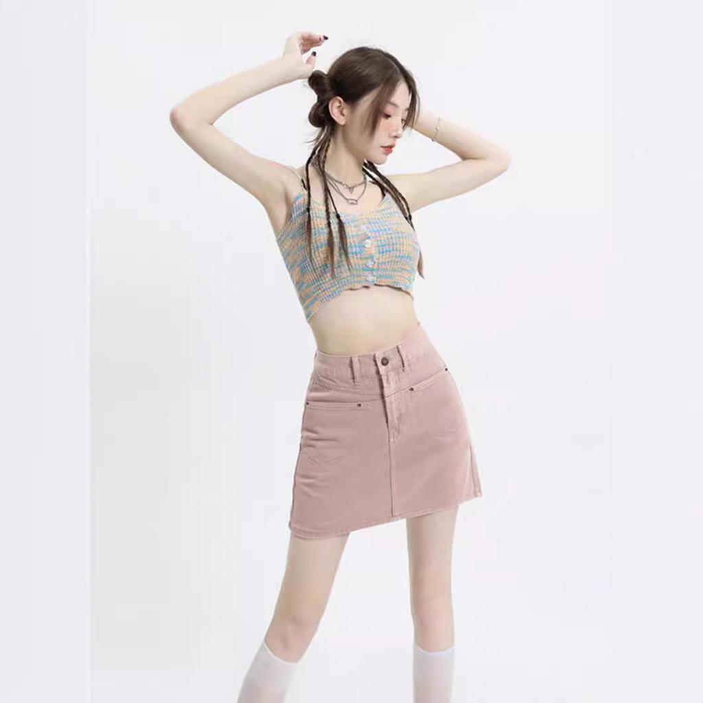 Women's Summer Dirty Pink High Waist Denim A-Line Skirt - Slim Fit, Anti-Exposure, Non-Elastic.