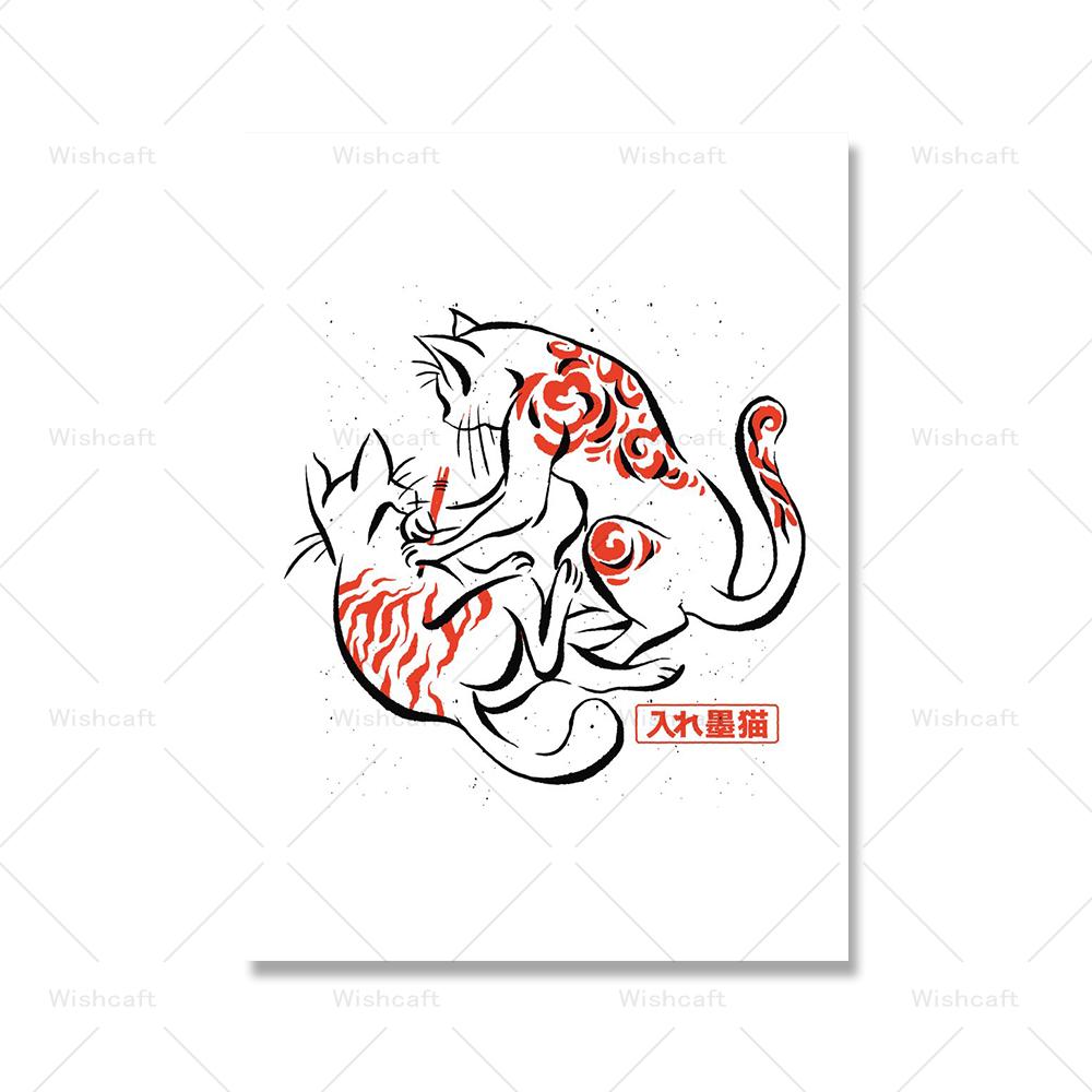 Мрачная татуировка кота на красном солнце, холст, картина, забавный милый кот, самурай, плакат с принтом, детская кровать, домашняя комната, настенное художественное украшение, фотографии