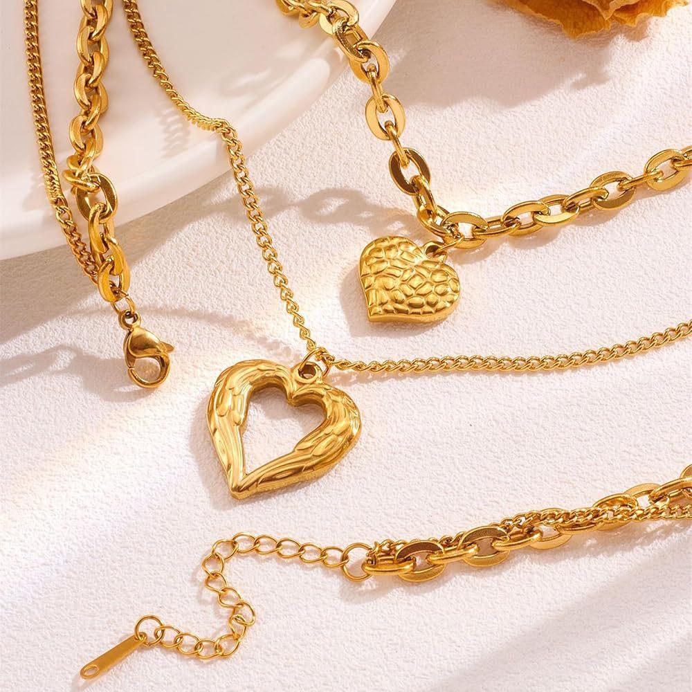 Stainless Steel Double Layer Heart Necklace for Women Gold Plated Textured Pendant Waterproof Romantic Accessory