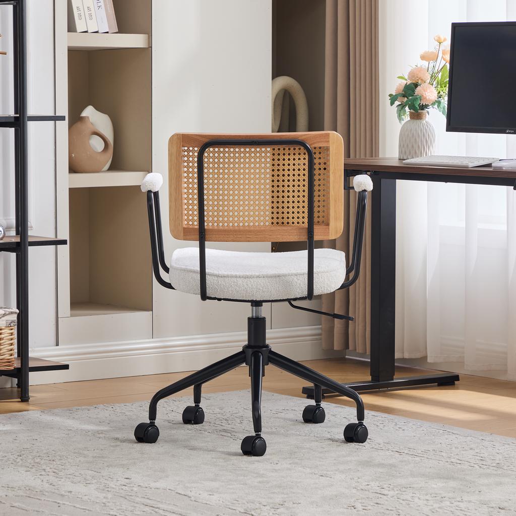 Vintage Rattan Office Chair with Wheels - Adjustable Swivel Desk Chair with Chenille Seat & Wooden Frame for Home Office, Study, Living Room -Ivory
