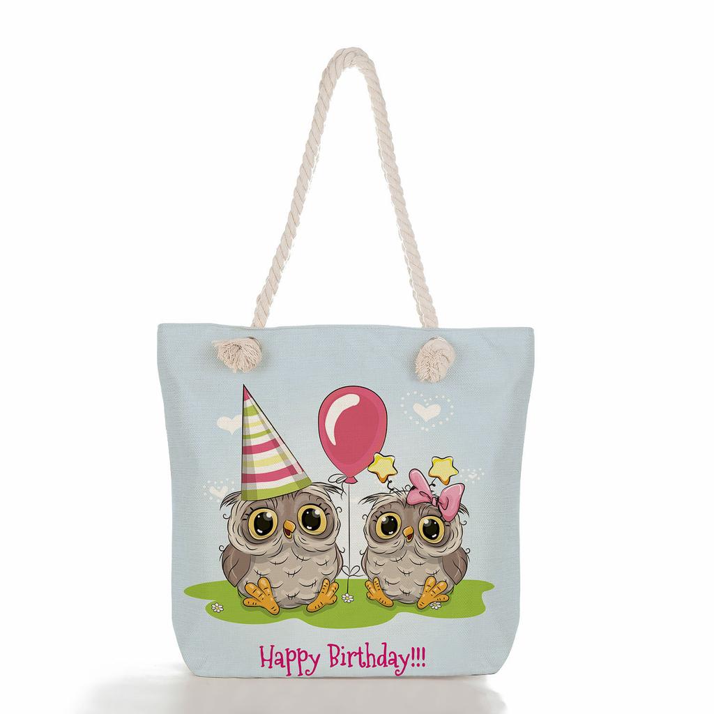 Cute owl print thick rope single-shoulder beach bag 7288 CLE