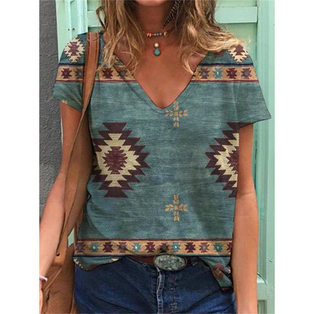 Geometric Graphics 3D Print T-Shirts Women Ethnic Style Vintage Streetwear T Shirt Y2k Tops Woman V-Neck Tees Oversized Clothing