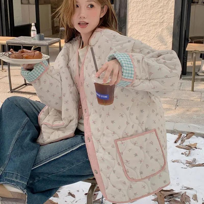 Winter Women's Tops Floral Quilted Cotton-padded Jacket Outerwear Double-sided Wear Mid-Length Cotton-Padded Jackets