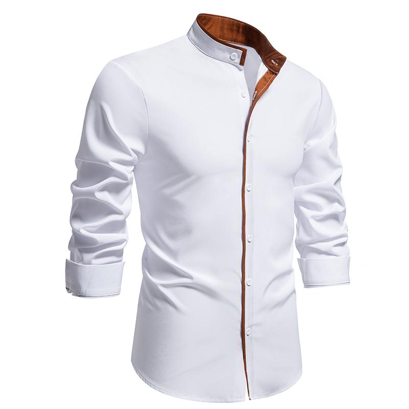 Autumn Men's Color Blocking Shirts Long Sleeve Henry Collar Casual Shirts Single Breasted Shirts Classical Tops
