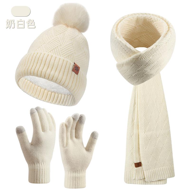 Knitted hat women's winter, double-layer velvet thickened warm wool hat scarf gloves three-piece set