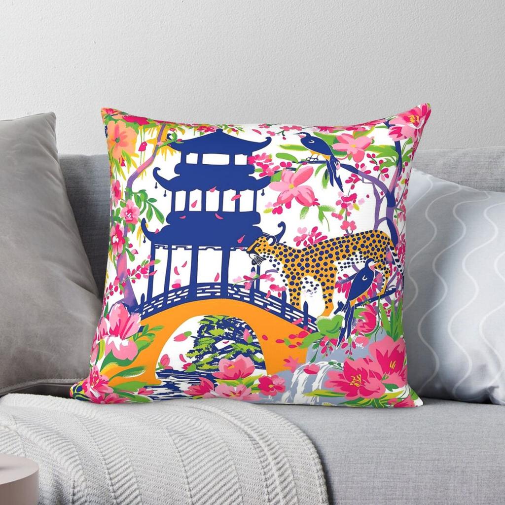 Cheetah Birds Flowers Chinoiserie Square Pillowcase Polyester Linen Velvet Printed Zip Decorative Sofa Seater Cushion Wholesale