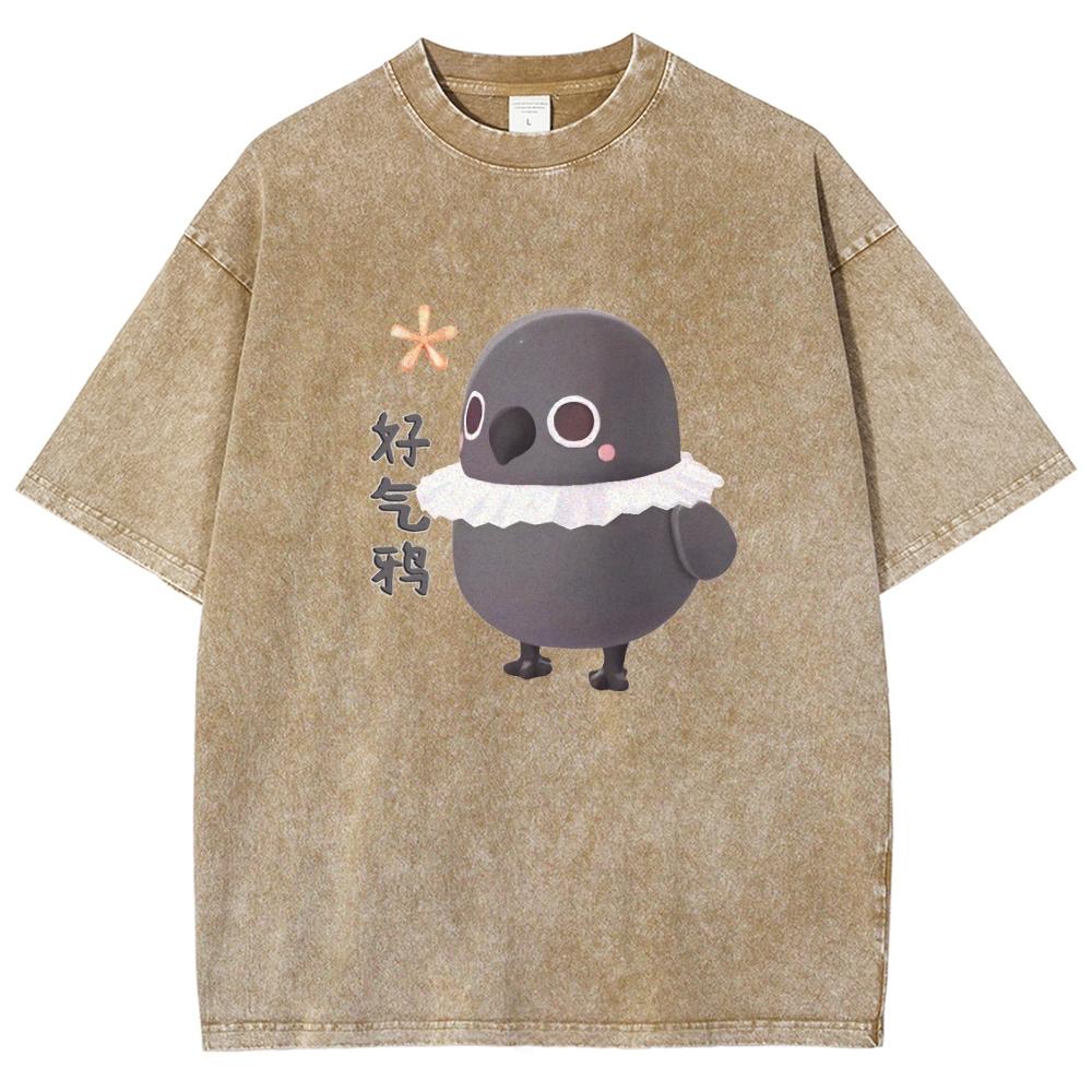 Cute Casual Style Cartoon Black Chick Print Ladies T-Shirt Loose Wash Cotton Short Sleeve Fashion Design Top