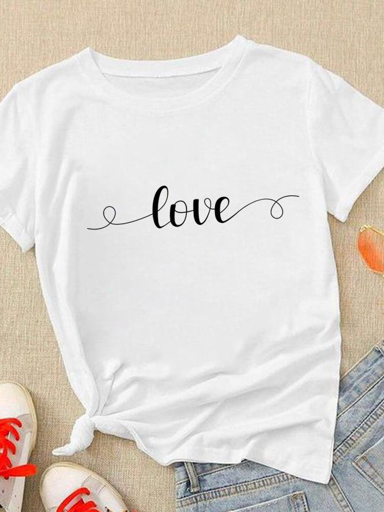 (Азиатский размер) Симпатичная женская модная одежда с надписью Love Heart Trend, повседневная футболка с коротким рукавом, женская футболка с принтом, футболки с графическим рисунком