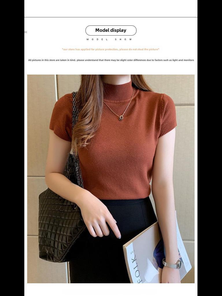 2024 Women's Slim Fit Knitted Half Turtleneck Short-Sleeve Sweater Top
