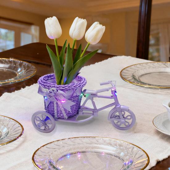 Ротанговая тележка Корзина для цветов Декоративный трехколесный велосипед с красочными цветами Плетеный контейнер Домашний офис Декор Свадебный сувенир