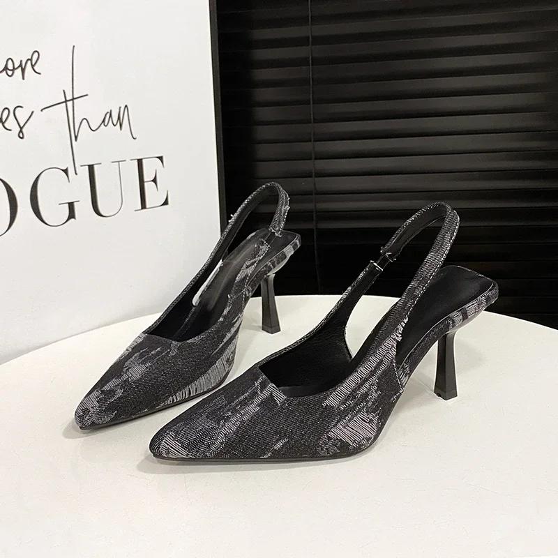 Мода 2024 года, новые босоножки с заостренным носком на высоком каблуке, весна/лето/осень, парусиновые туфли на тонком каблуке из нишевого дизайна