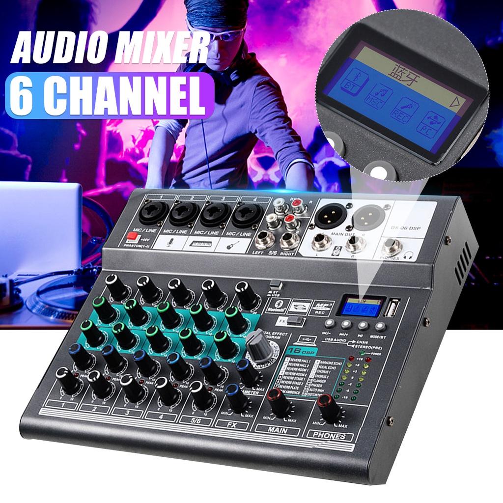 15W Professional Mixer Sound Mixing Console Computer Stage Recording USB Sound Card High Low Tone Bluetooth DJ Live Broadcast 6-channel