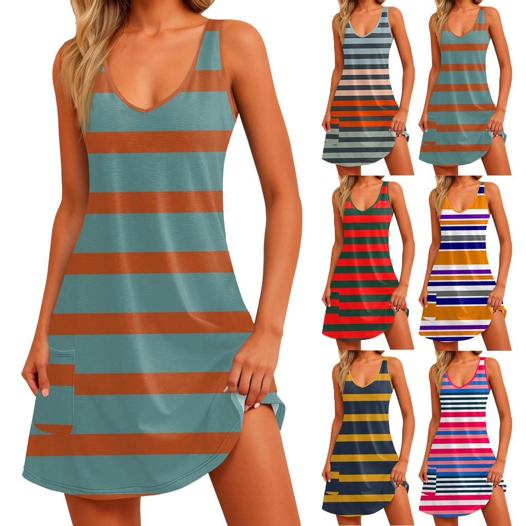 Women's Casual Print Summer Bohemian Beach Dress With Pockets V Neck Tank Dress