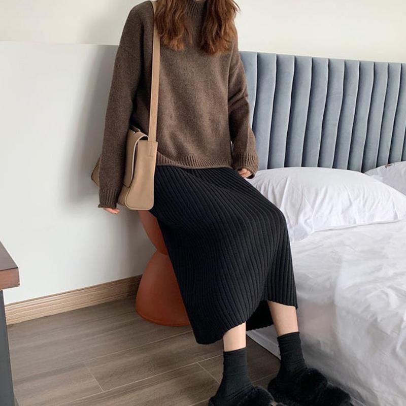 WTEMPO Однотонные трикотажные юбки трапециевидной формы, женские прямые миди в корейском стиле, элегантные, шикарные, весенне-осенние, теплые длинные юбки