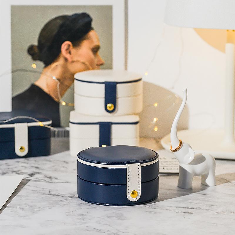 Travel Organizer Case White Round Jewelry Storage Box Ear Studs Necklace Ring Box Waterproof Double Layer Flannel With Mirror