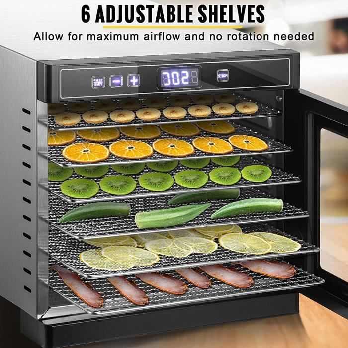 Déshydrateur Alimentaire - VEVOR - 6 Plateaux - Acier Inoxydable - Écran Tactile - 30x33 cm