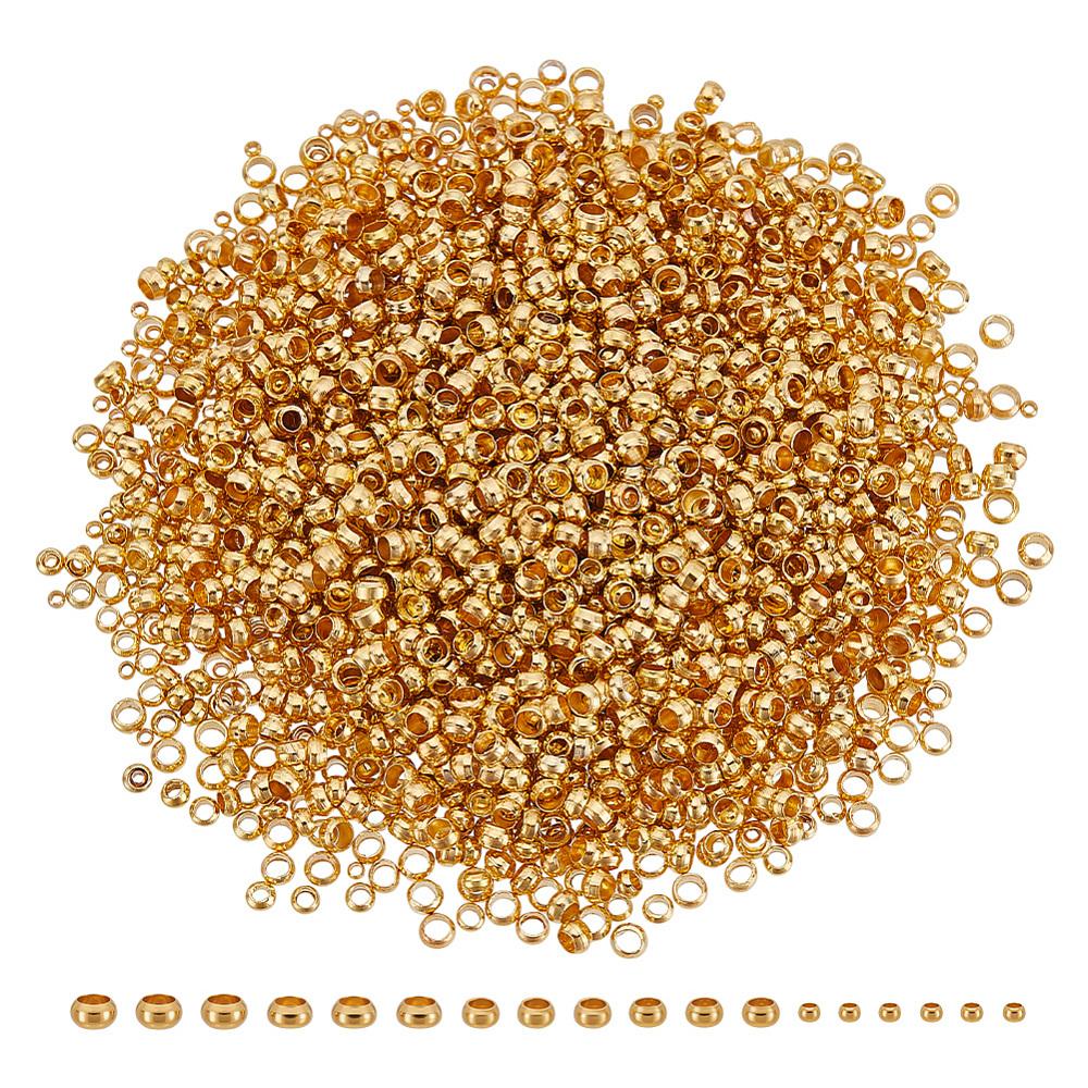 3000Pcs 3 Styles Rondelle Brass Crimp Beads, Golden, 1.5~3x1.5~2mm, Hole: 0.5~2mm, about 1000pcs/style
