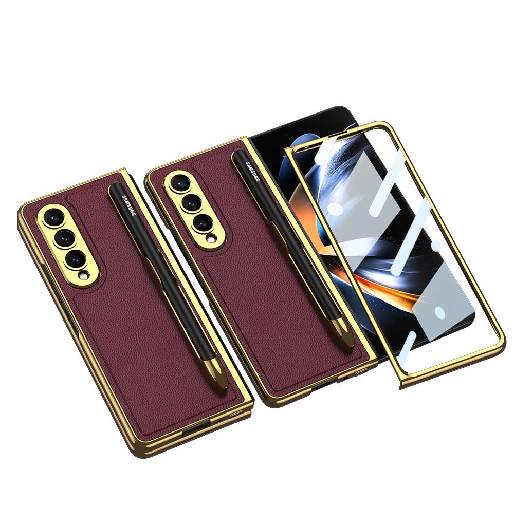 Кожаный чехол для телефона Samsung Z Fold 4 со слотом для стилуса, гальваническим покрытием и защитой камеры