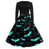 Women Casual Vintage Halloween Print Dress Long Sleeve Round Neck Retro Fit and Flare Midi Dress with Waist Tie Belt