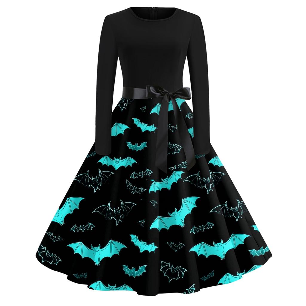 Women Casual Vintage Halloween Print Dress Long Sleeve Round Neck Retro Fit and Flare Midi Dress with Waist Tie Belt