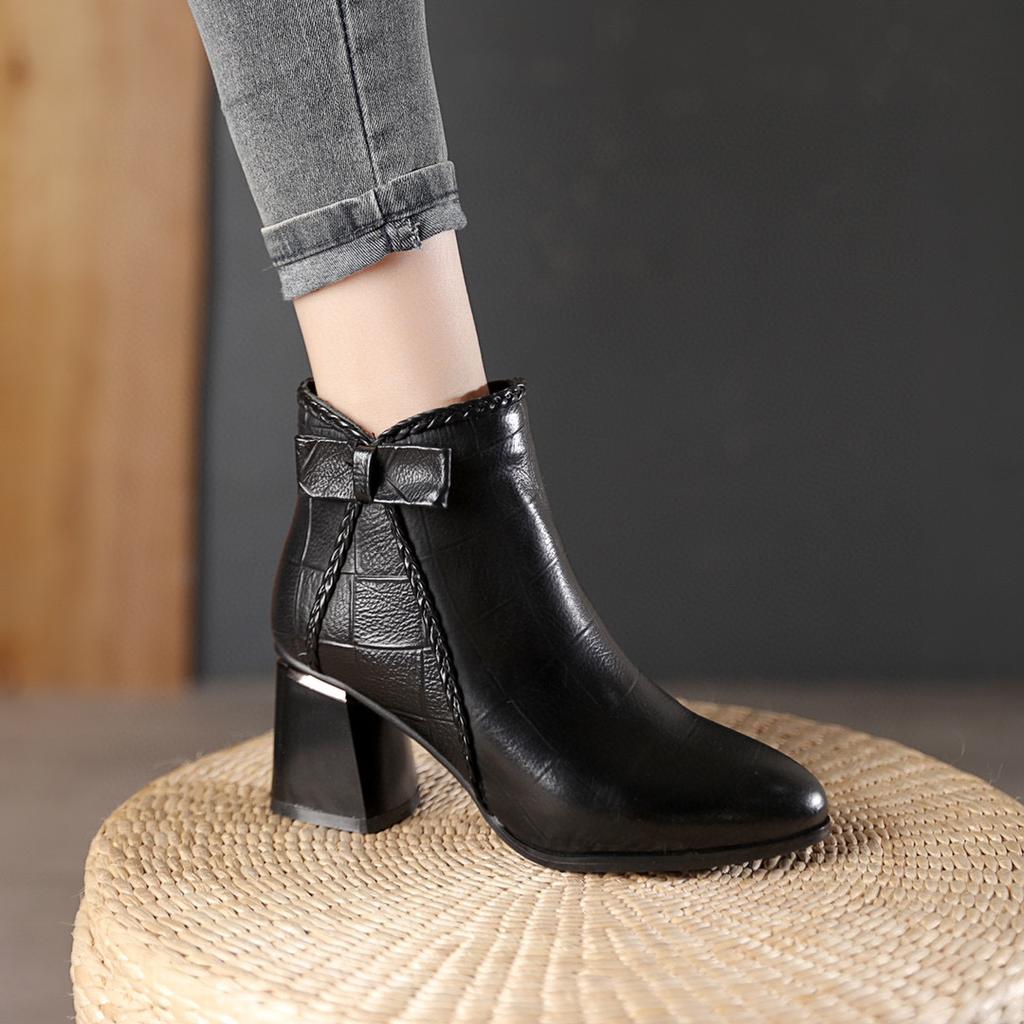 Pointed Bow Short Boots Women's New Thick Heel Fashion Boots First Layer Plaid Cowhide Ankle Boots Women's Cotton Boots