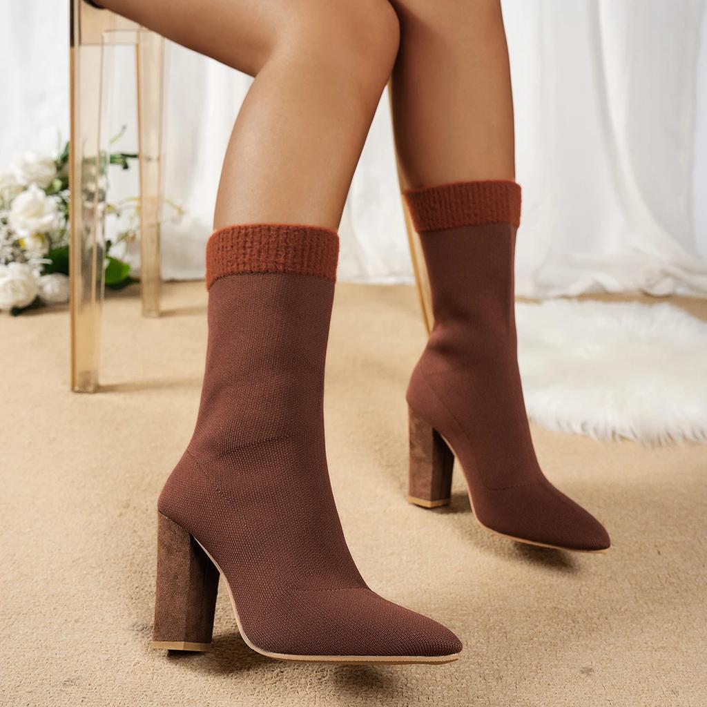 Женские сапоги осень зима новые вязаные носки до середины голени сапоги женские остроносые туфли на шпильках эластичные туфли для женщин Botas De Mujer