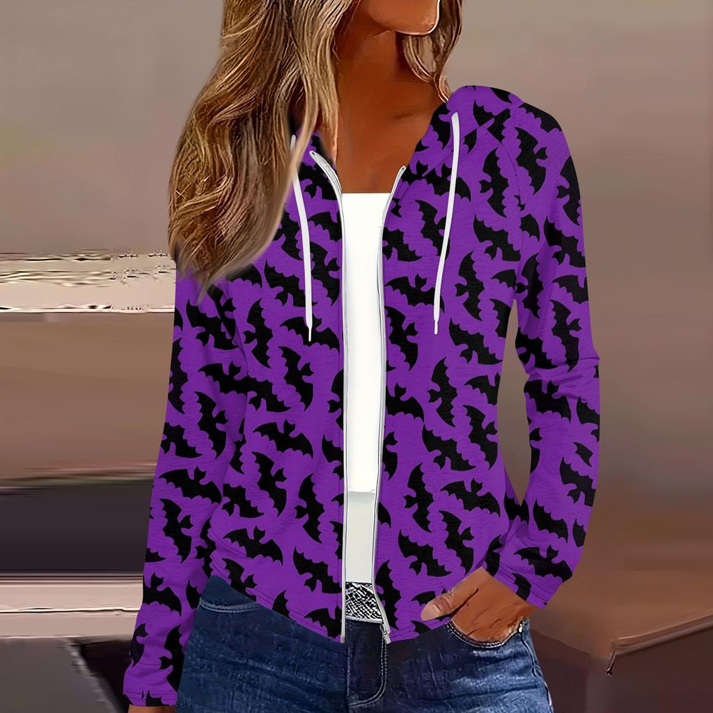 Women's Fashion Casual Zip Up Hooded Halloween Print Long Sleeve Sweatshirts Coat