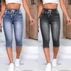 Women Denim Jeans Shorts Drawtring High Waist Stretch Knee Length Ripped Hole Short Jean Pants