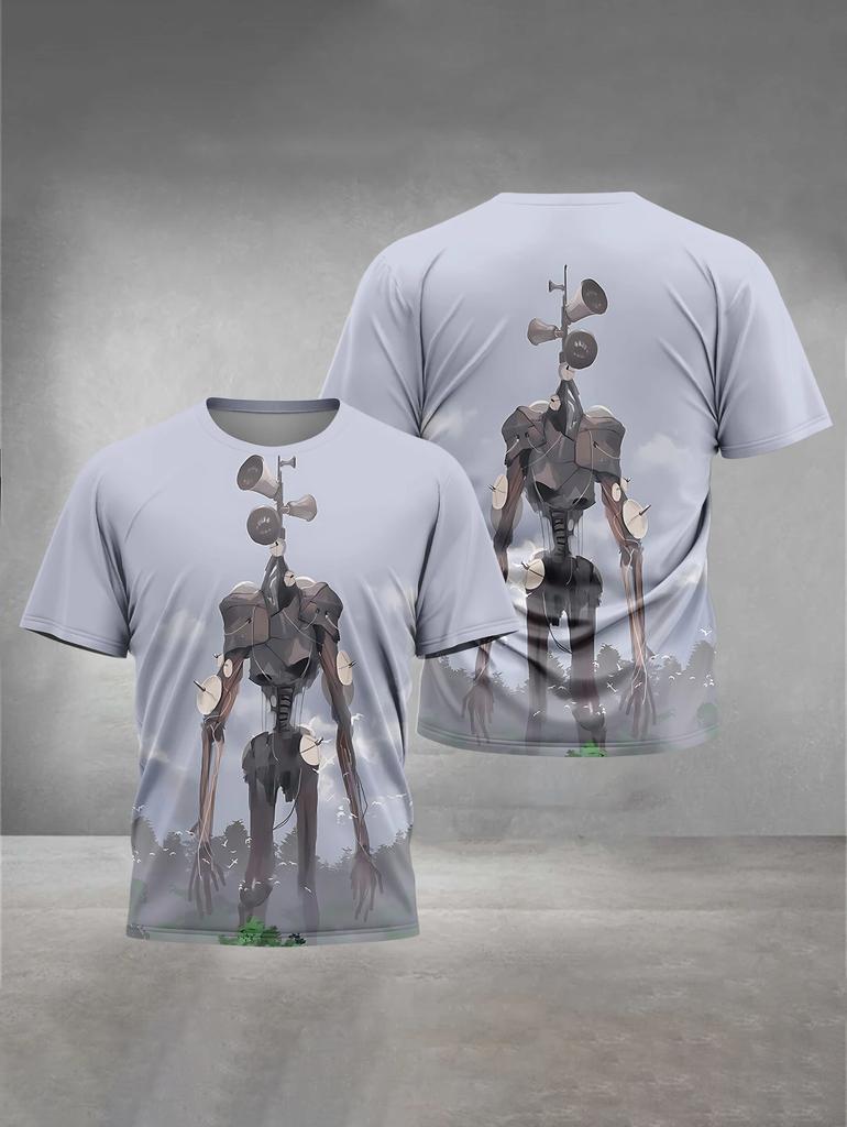 S-shaped Sea Monster H-shaped Head 3D Printed T-shirt for Summer Outdoor Casual Short Sleeved Clothing Men's Fashionable Street Round Neck Top