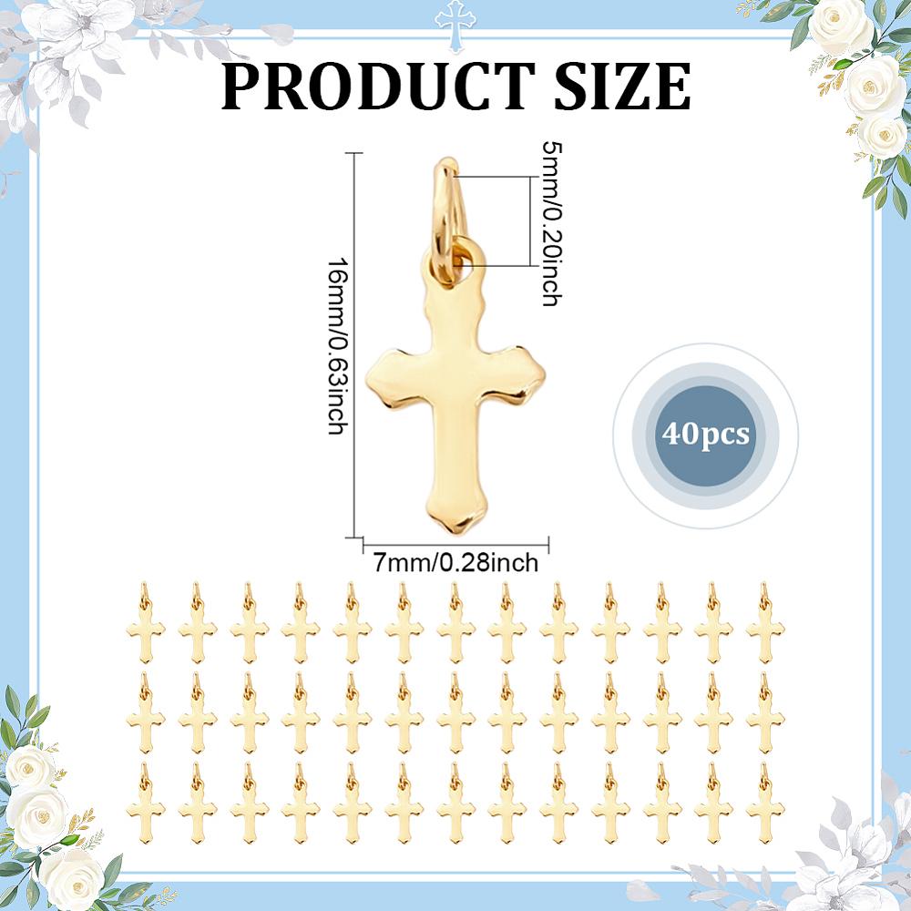 40Pcs 304 Stainless Steel Pendants Cross Charms with Jump Rings Real 18K Gold Plated 16mm