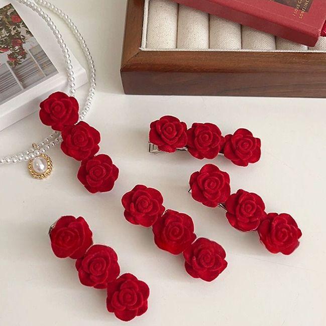 Корейские красные бархатные заколки для волос с розами для женщин, маленькие заколки с цветами для девочек, элегантные заколки для волос, заколки, свадебные аксессуары для волос