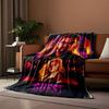 A vibrant thriller-style artwork with two figures and glowing backgrounds. for all seasons blanket lunch break throw gift