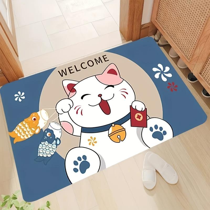 1 pack of polyester fluffy doormats, non-slip, hand washable, anti-fatigue welcome mats with soft lucky cat pattern