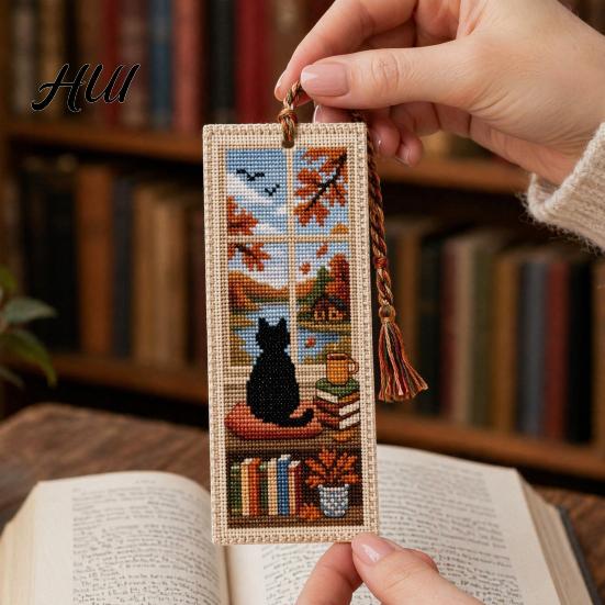 Reading Accessory DIY Stitch Bookmark Kit for Adults Beginners, Seasonal Cat Vintage Style Handmade Embroidery Kit, Gifts Lovers, Readers Dialogue