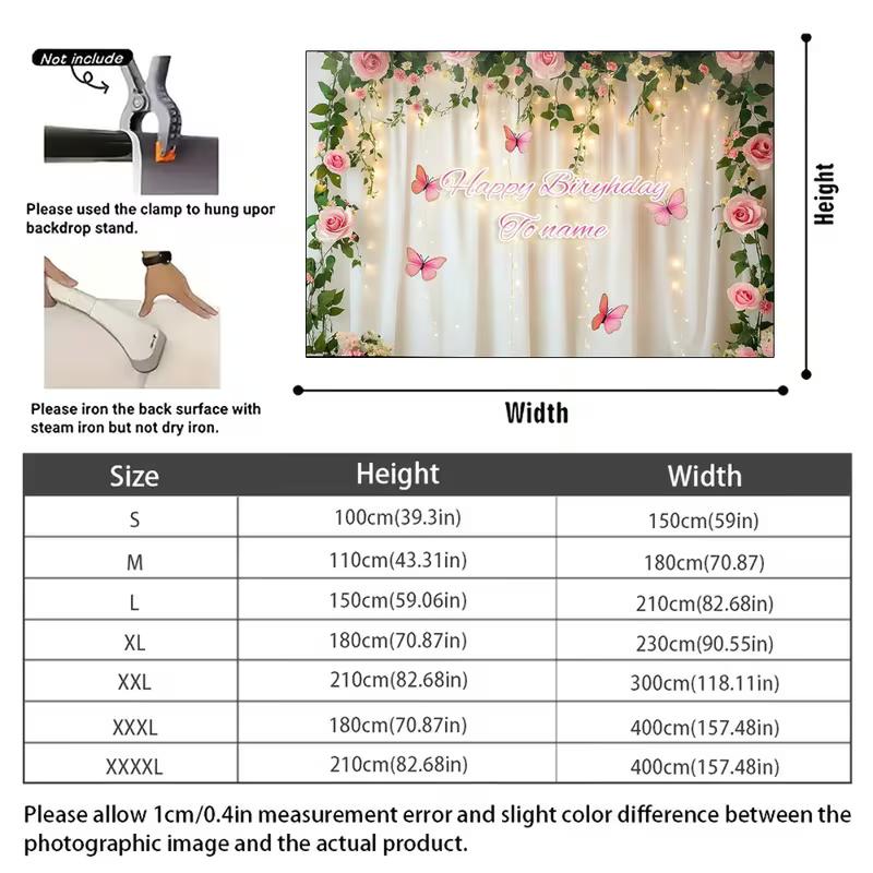Dreamy Floral Birthday Backdrop, Soft White Curtain Framed by Pink Roses, Vines and Butterflies with Warm Lights, Romantic Party Wall Decor