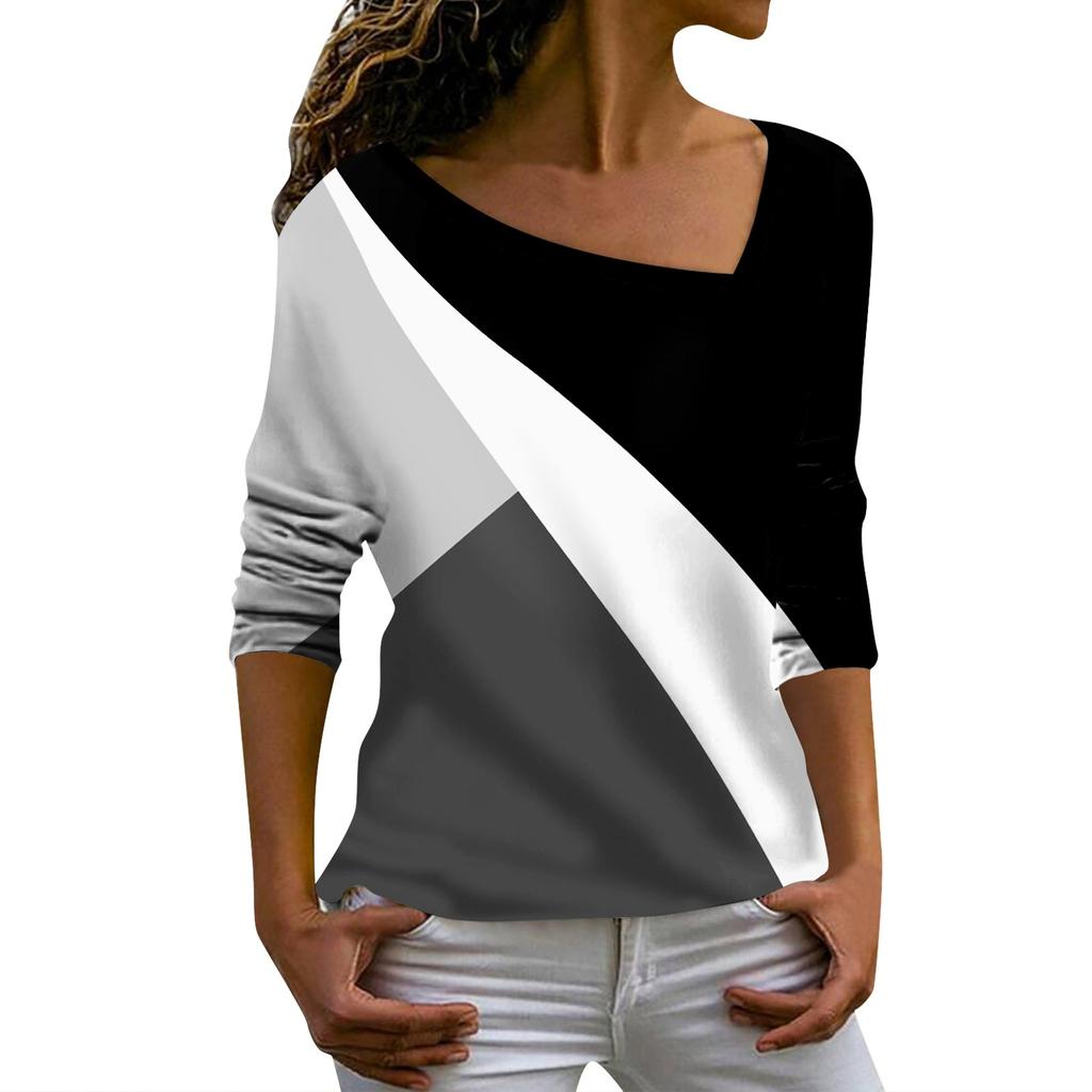 Women's Loose T Shirt Tee  Retro Print Casual Sloping V  Neck Long Sleeve Top