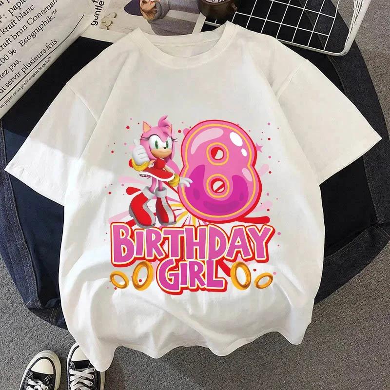 Summer Breathable T-shirts Short Sleeves Shirt Gift Sonics New Pink T-shirt for Girls Birthday Number 1-9 Cute Cartoon White Tee