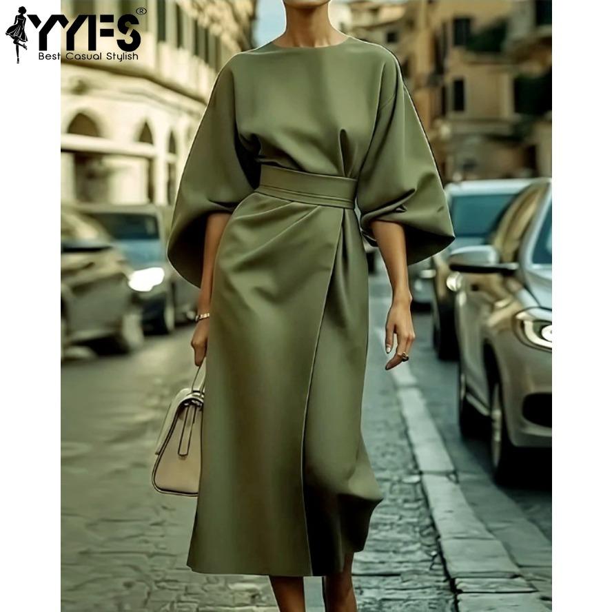 YYFS Женская мода лето весна однотонный принт с рукавами 1/2 и круглым вырезом с высокой талией повседневные платья