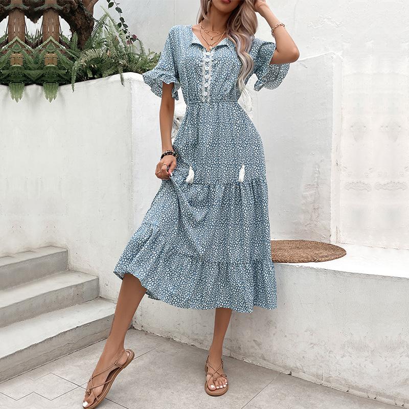 Летняя женская одежда в европейском и американском этническом стиле, платье среднего размера с принтом, повседневные платья