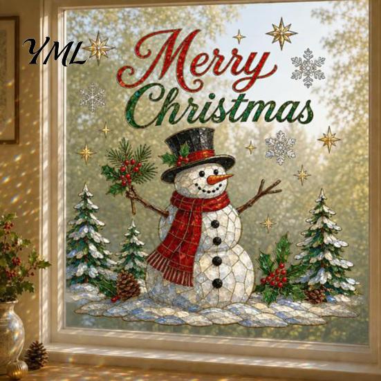 Waterproof Seasonal Wall Stickers 2Pcs Christmas Stickers, Snowy Cottage Tree Self Adhesive Decals, PVC Party Snow Scene Holiday Decals for