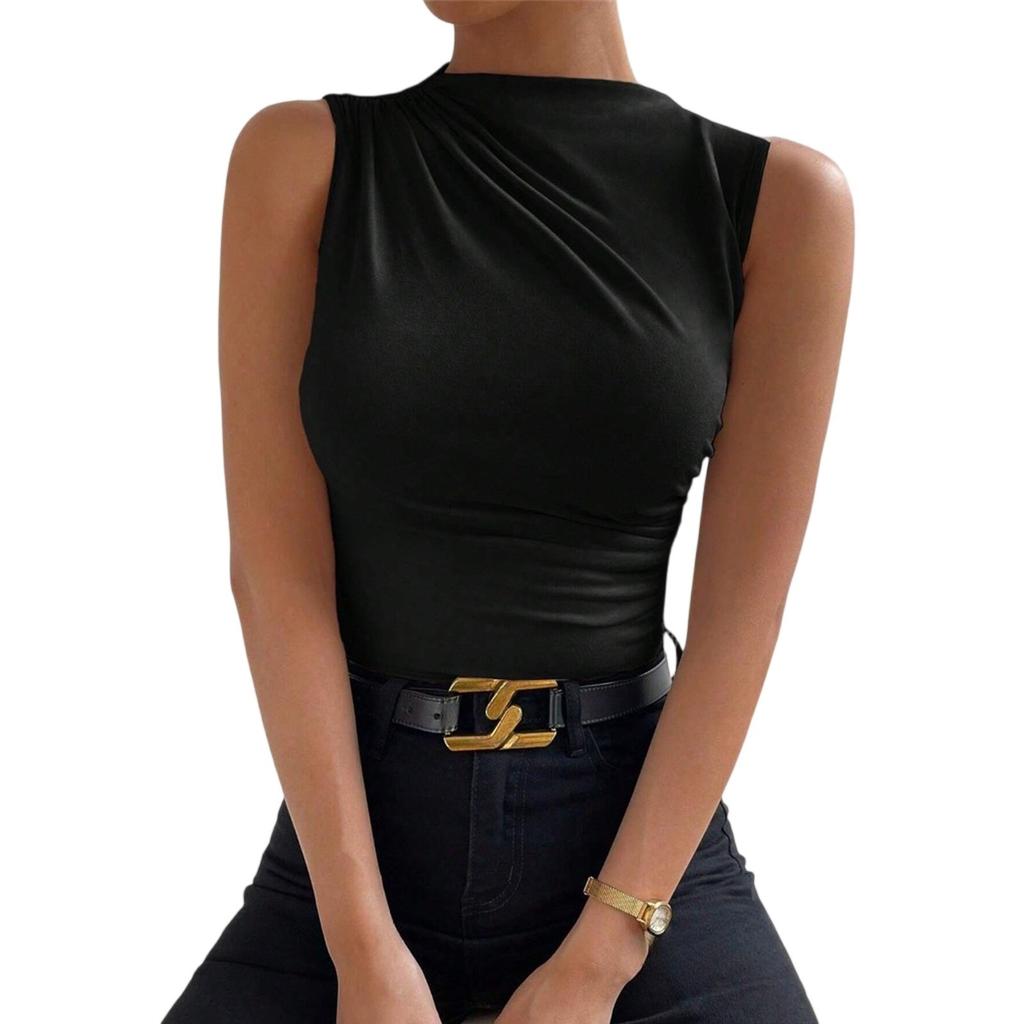 Топы без рукавов для женщин, повседневные, с высоким воротником, приталенные, с драпировкой, летние топы-рубашки с высоким воротом