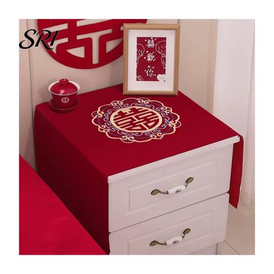 Tablecloth Dust Cover Chinese Wedding Nightstand Burgundy Satin Bedside Table Furniture Protector Dustproof Cloth for Bedroom Decor