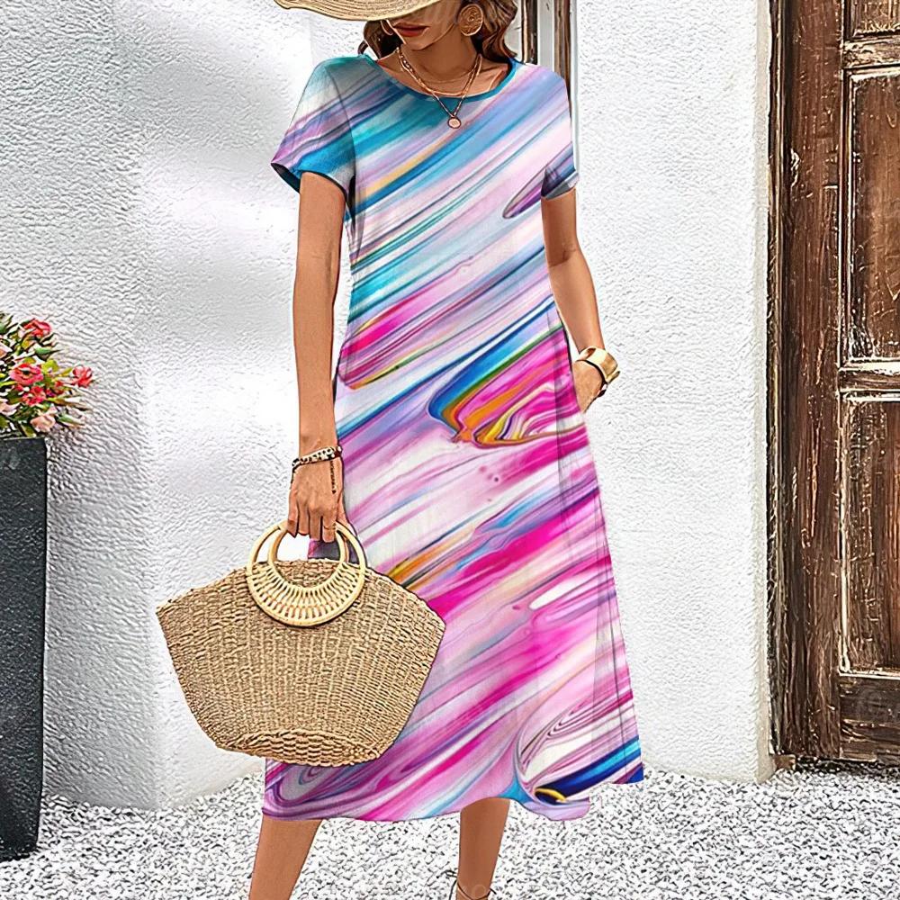 Летние платья с короткими рукавами, стильная женская одежда с контрастными цветами, длинное платье с принтом 3D Tie-Dye, женская одежда, свободный свитер с круглым вырезом