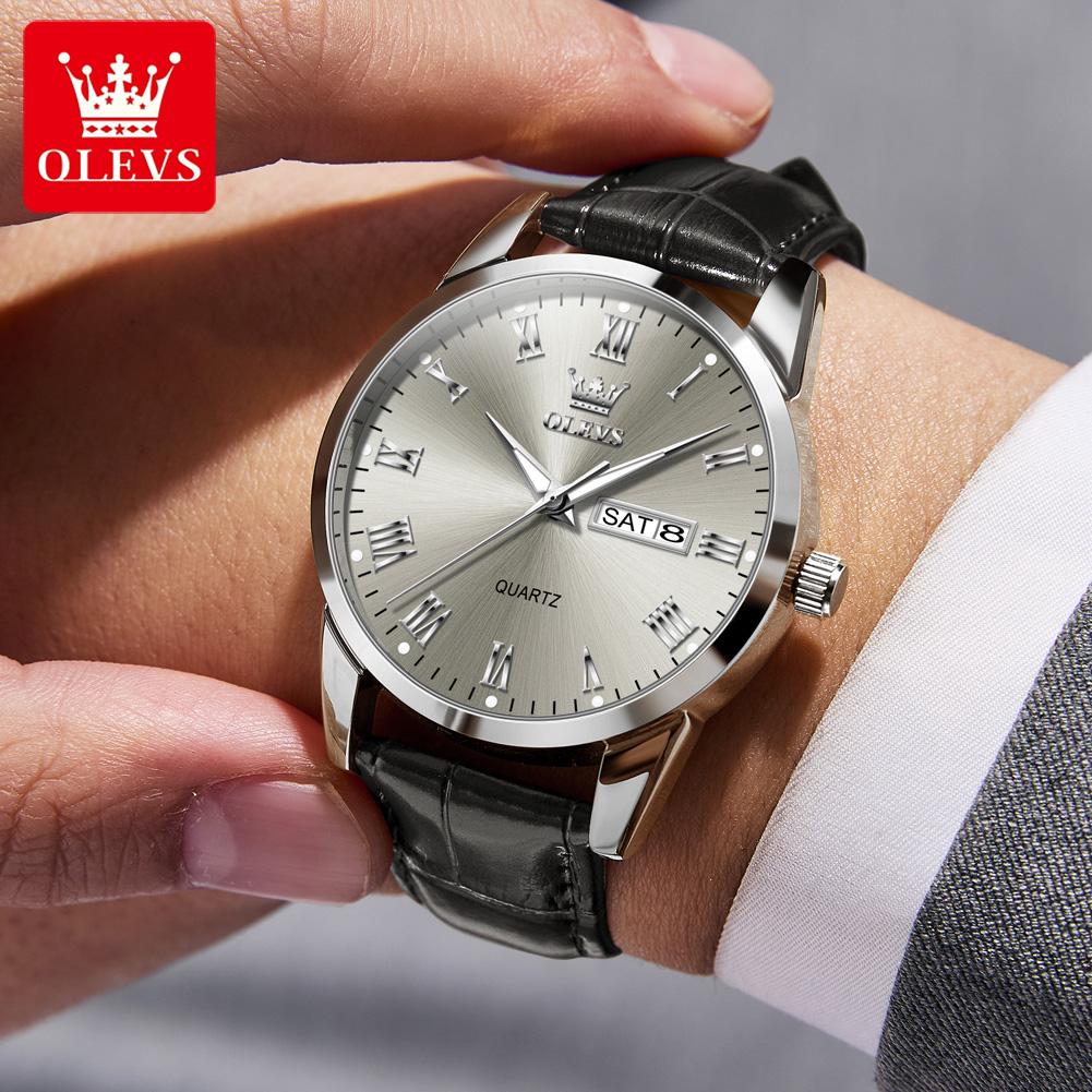 OLEVS Luxury Quartz Watches for Man Original New Leather Strap Roman scale Simple Dual Calendar Men's Business Wristwatches 5892